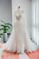 A-Line Court Train Lace Tulle Wedding Dress